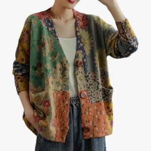 NFYM Patchwork Cardigan Floral Boho Oversized Button Front Print Winter Cottage